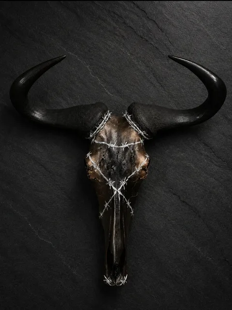 Blue wildebeest skull in bronze and black, wrapped with barbed wire accents, with sweeping black horns