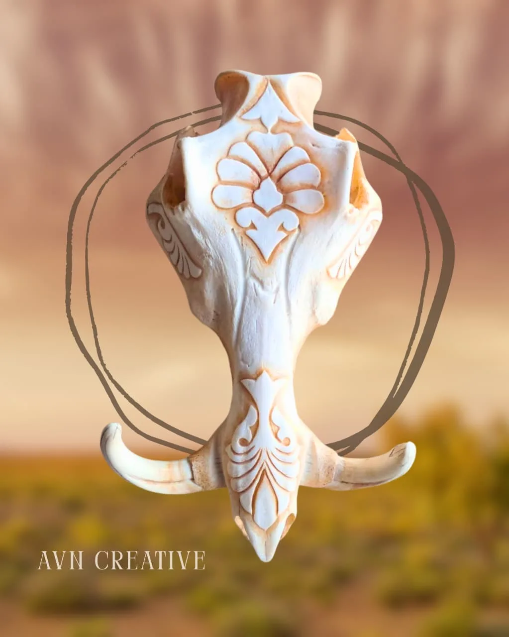 Hand-carved relief pattern worked into a pale skull, with a floral motif at the crown
