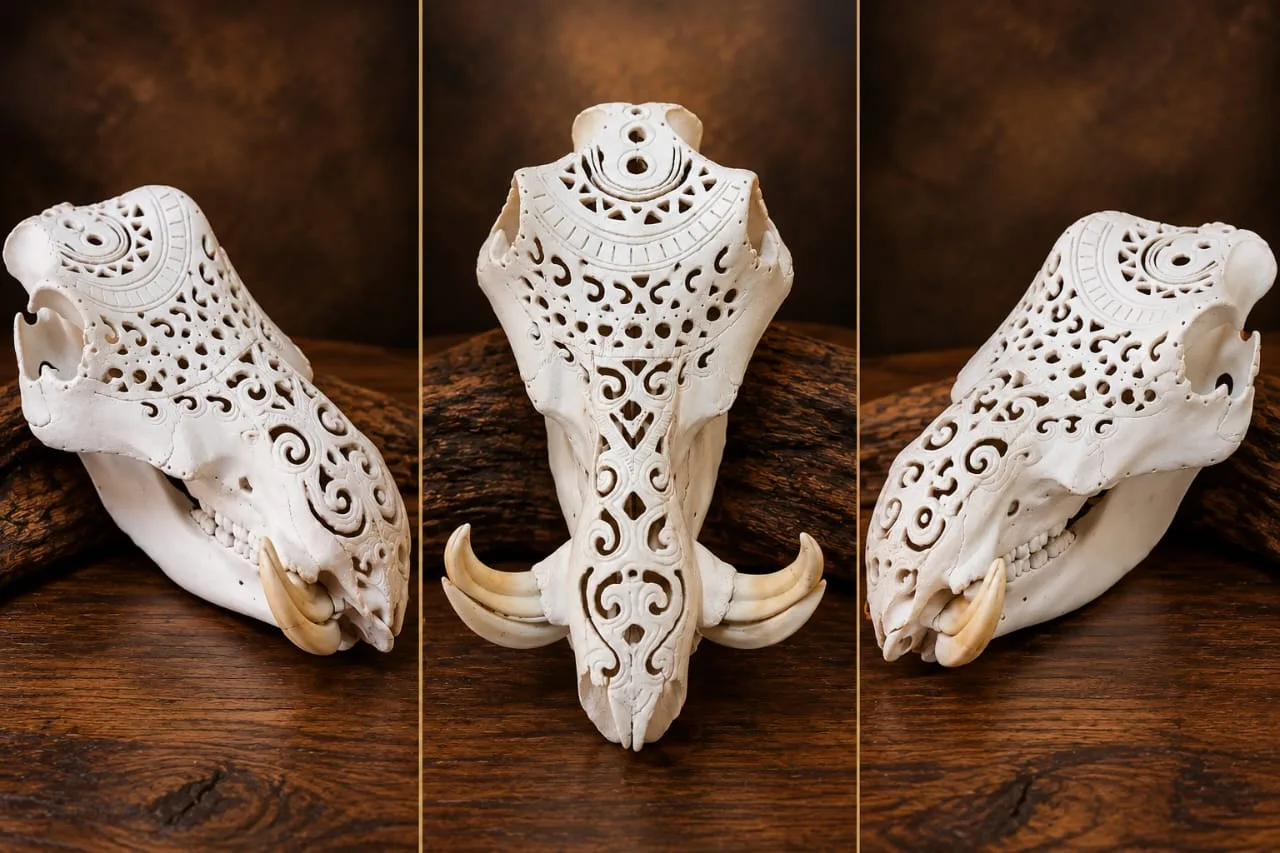 Warthog skull with intricate openwork carving in ivory bone, shown from three angles