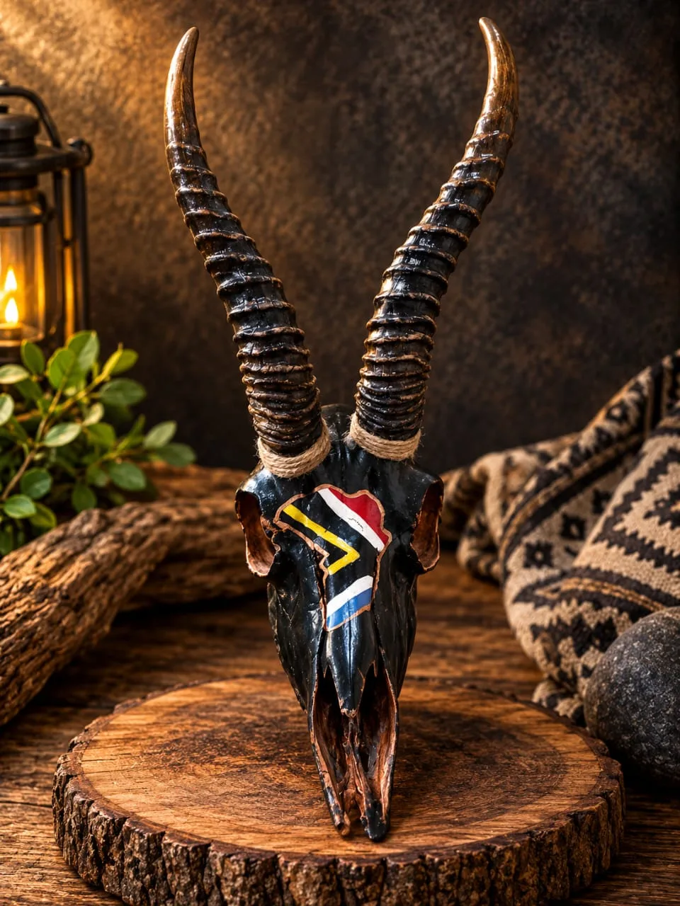 Springbok skull painted black with a South African flag motif on the forehead