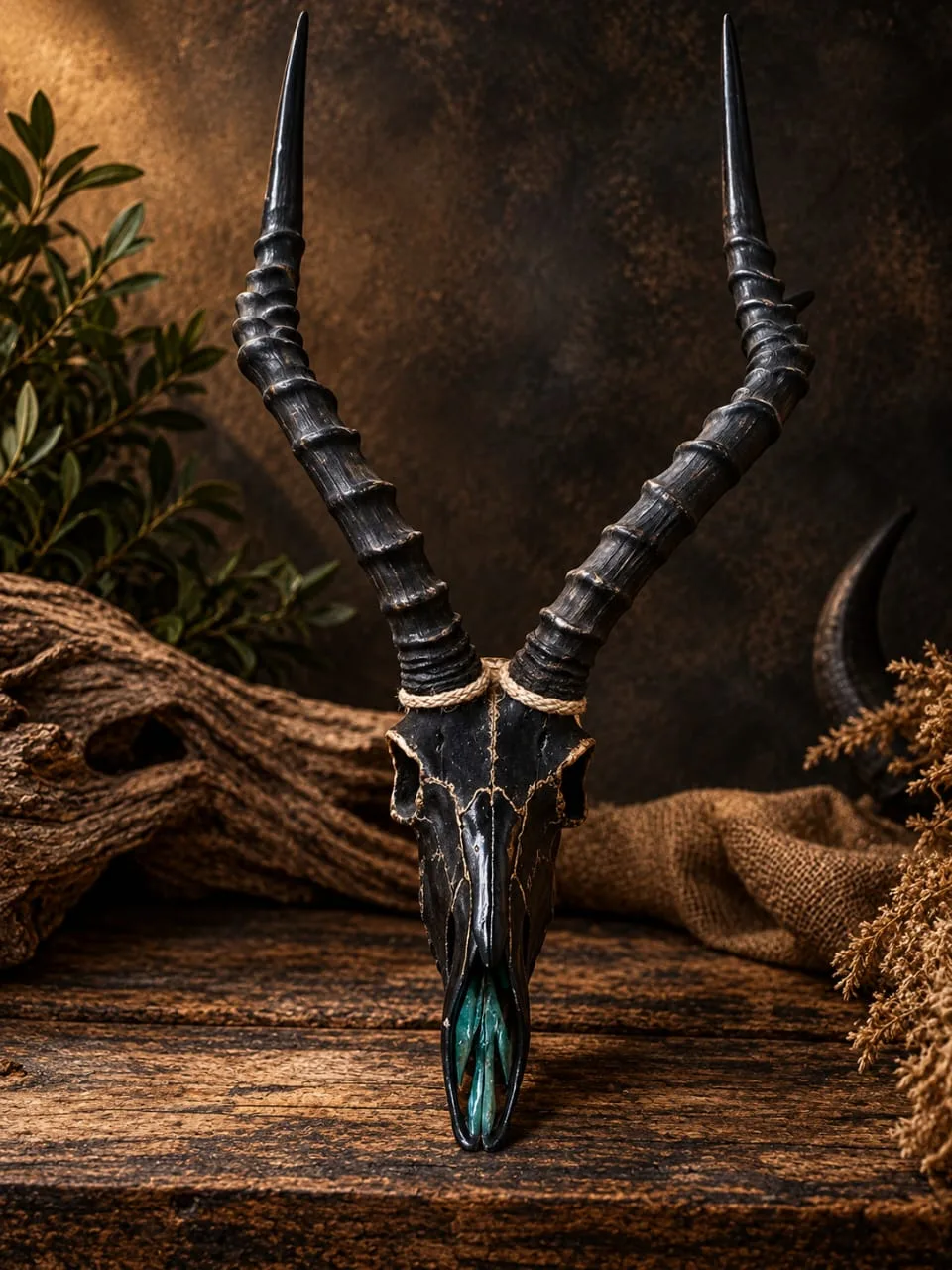 Impala skull with a natural black finish and teal-tinted horn tips