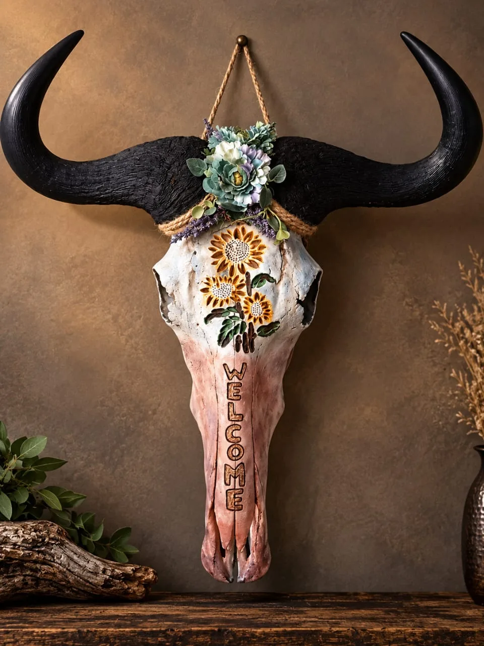 Blue wildebeest skull finished as a wall hanging, painted with sunflowers, dried florals and carved WELCOME lettering
