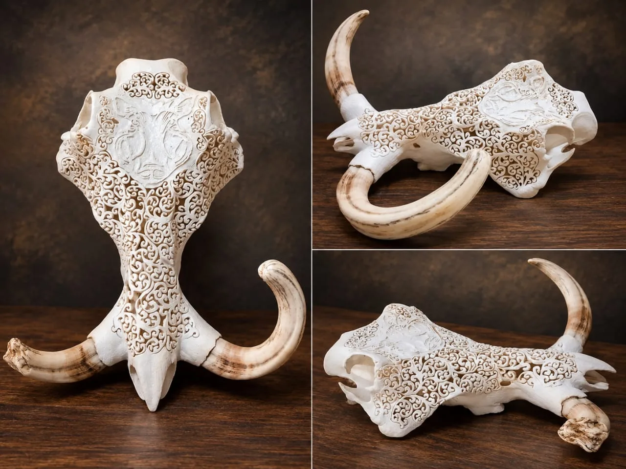 Warthog skull with dense filigree carving and weathered tusks, shown from three angles