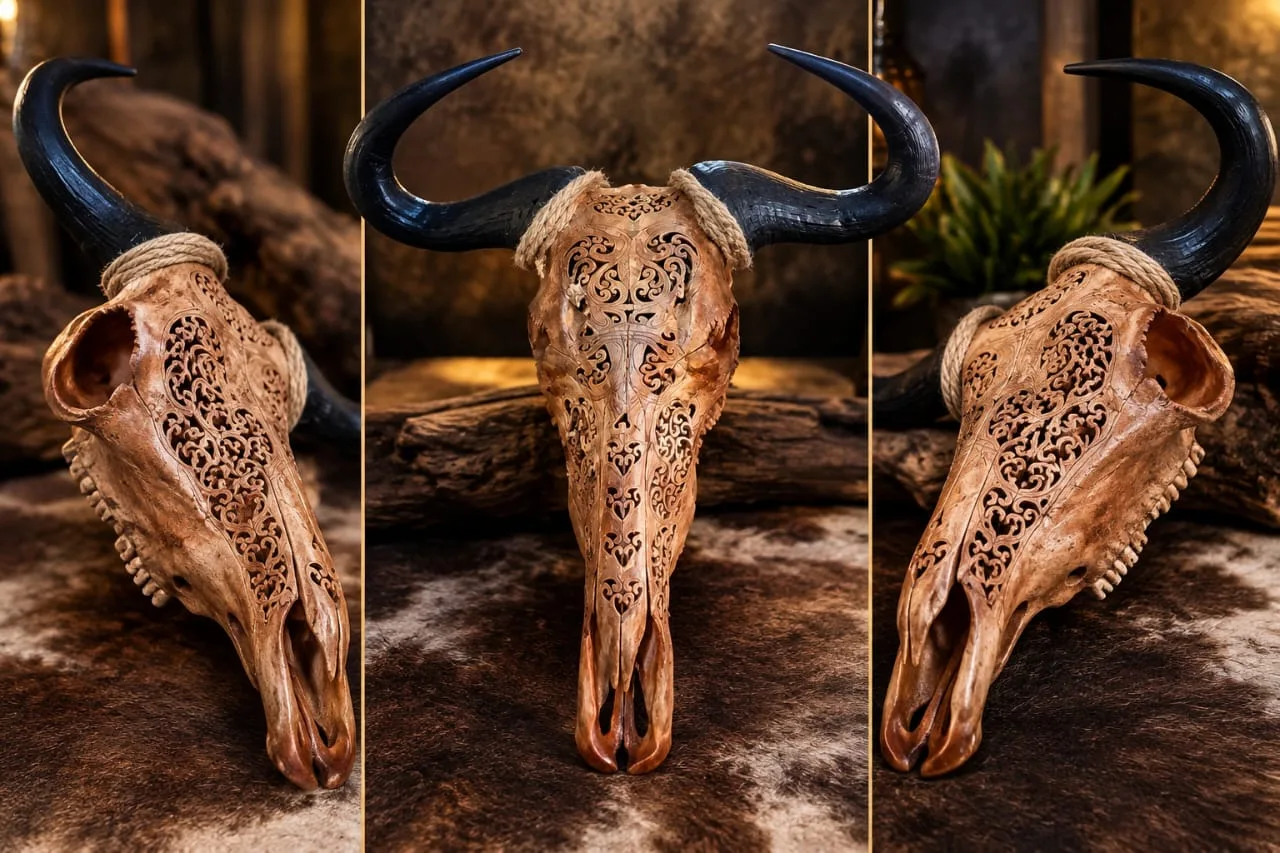 Blue wildebeest skull carved with fine scrollwork in a warm wood-toned finish, shown from three angles
