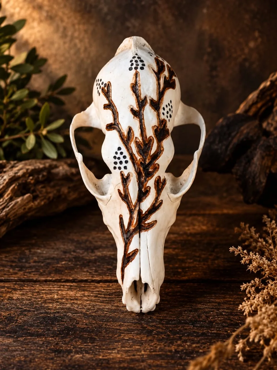 Jackal skull hand-painted with a dark botanical branch design on a pale base