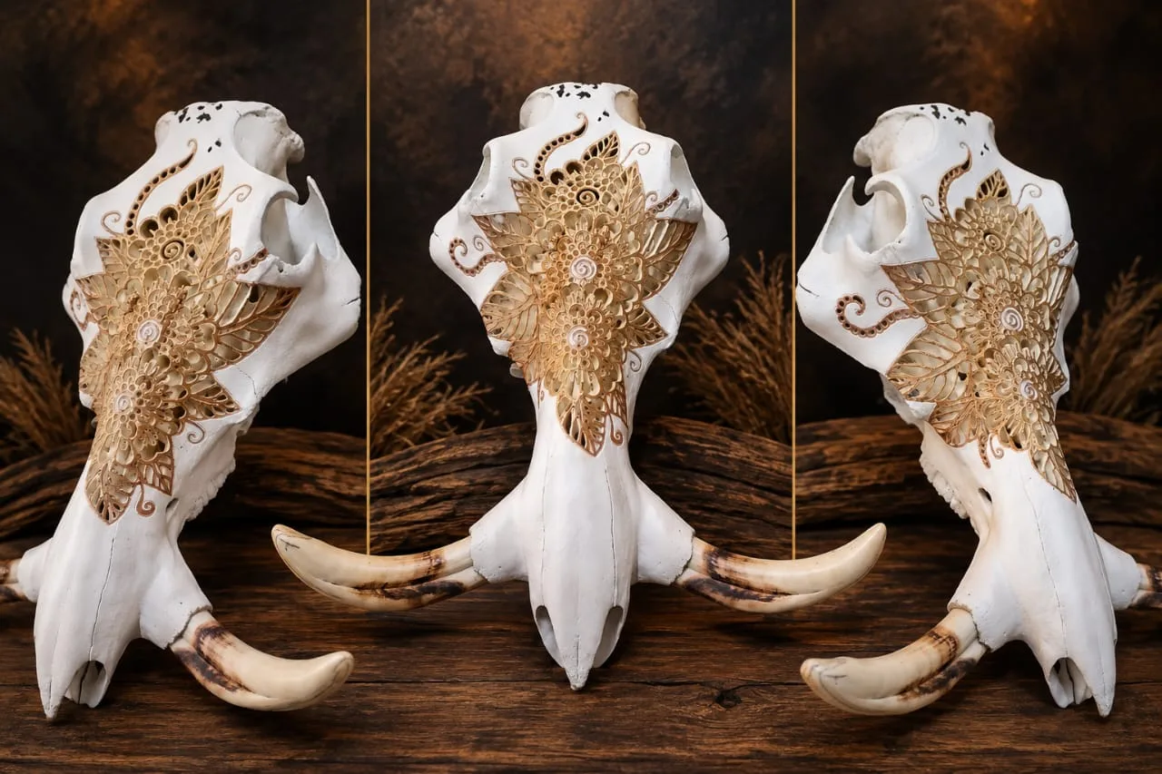 Warthog skull with carved gold-leaf floral rosette detail at the crown, shown from three angles